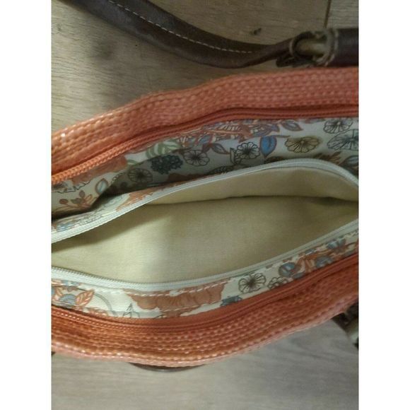 Fossil Tote Bag Salmon Fabric with Brown Leather Straps Small - Picture 8 of 8